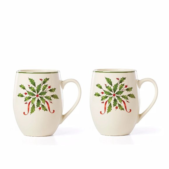 new Boxed Set of 2 Lenox Christmas Holiday Holly Leaves 5-inch Cocoa Mugs #B - Picture 1 of 9